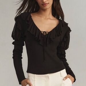 Anthropologie Black Ruffle Long Sleeve Top S